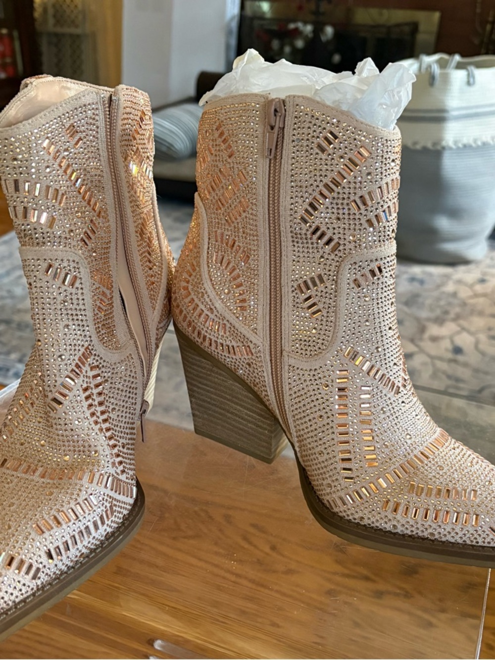 Embellished Beige Western Ankle Boots with Block Heel